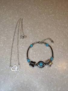 lot 469 image: New Turquoise Bracelet Charm Beads Butterflies Double Heart Pendant Necklace P
