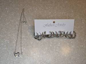 lot 436 image: New Double Heart Necklace Six Pair Hoop Earrings Silvery P