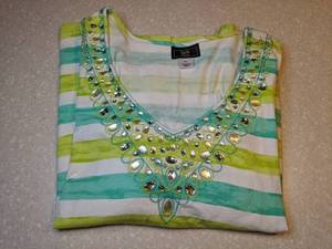 lot 438 image: Lark Lane Womens 34 Sleeve Top Beading Green White Teal Size XL P