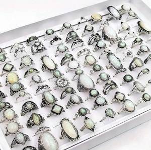 lot 28A image: 30 New Bohemian Antique Opal Vintage Style Silver Color Costume Jewelry Rings N