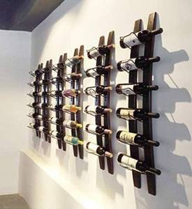 lot 213 image: Wall Mounted Imported Pine Wood and Metal Wine Bottle Holder Rack - 6 Bottles 40x7.6inch Red Wine B