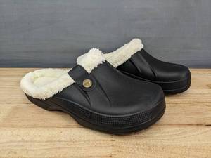 lot 67A image: New Beslip Classic Fur Lined Clogs Slippers Mens Size 8-9Womens 9.5-10.5 BlackWhite N
