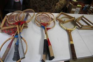 lot 105 image: Lot of 4 Vintage Wooden Tennis Rackets and Accessories