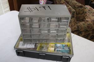 lot 118 image: Organizational Storage Box with Assorted Hardware and Tools