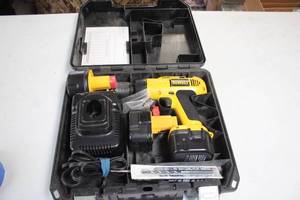 lot 122 image: DeWalt Cordless Drill and Accessory Set with Charger and Bits