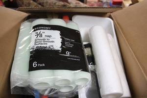 lot 124 image: Painting Supplies Lot - 6 Pack Roller Covers, Paint Tray, Brushes, and Tools