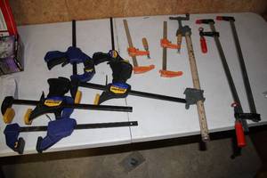 lot 162 image: Collection of 12 Various Clamps and Bar Clamps for Woodworking