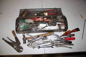 lot 186 image: Mixed Tool Set in Metal Toolbox - Wrenches, Pliers, Screwdrivers, and More