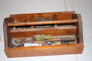 lot 191 image: Vintage Wooden Tool Box with Mixed Hand Tools and Screws