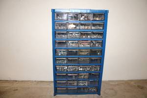 lot 207 image: Large Blue Storage Organizer with Multiple Drawers for Tools and Fasteners