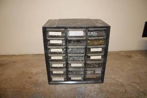 lot 301 image: Vintage Parts Organizer Storage with 15 Drawers Full of Fasteners