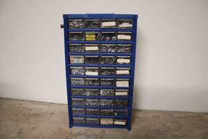 lot 305 image: Blue Storage Organizer with Assorted Fasteners and Hardware