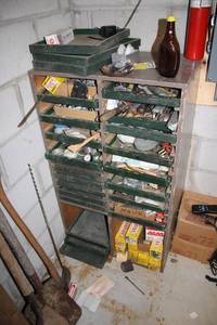 lot 340 image: Vintage Tool Storage Cabinet with Mixed Hand Tools and Hardware