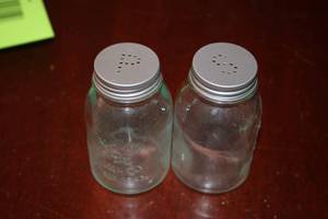 lot 479 image: Pair of Vintage Glass Spice Jars with Metal Lids - P and S