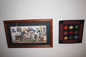 lot 486 image: Framed Garden Themed Artwork with Quilted Leaf Wall Hanging