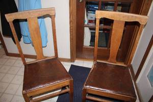 lot 502 image: Pair of Vintage Wooden Chairs with Faux Leather Seats