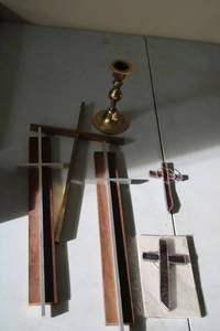 lot 550 image: Collection of Decorative Crosses and Brass Candlestick Holder