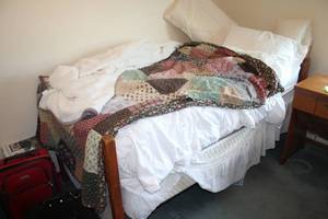 lot 675 image: Vintage Full Size Bed with Floral Patchwork Quilt