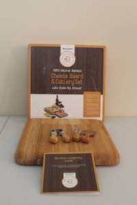 lot 215 image: Natural Bamboo Cheese Board and Cutlery Set with Slide-Out Drawer