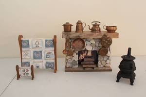 lot 243 image: Miniature Dollhouse Kitchen Set with Stone Fireplace and Cast Iron Stove