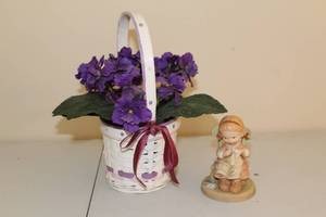 lot 249 image: Decorative Basket with Purple Violets and Charming Figurine