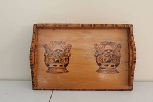 lot 250 image: Vintage Wooden Tray with Intricate Carvings and Painted Design