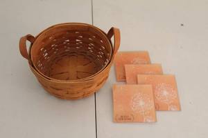 lot 255 image: Handwoven Wooden Basket with 4 Decorative Coasters
