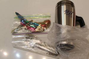 lot 278 image: Lot of Craft Supplies Including Sequined Fish Appliques, Safety Pins, and 16 oz Travel Mug