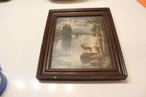lot 287 image: Vintage Framed Landscape Print featuring Deer by a Lake