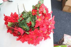 lot 348 image: Artificial Poinsettia Flower Arrangement with Pine Cone Accents