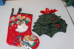 lot 358 image: Set of 2 Christmas Stockings and Holly Leaf Decorations