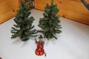 lot 366 image: Holiday Decoration Set with Mini Christmas Trees and Musical Figurine