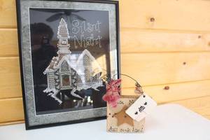 lot 370 image: Framed Cross-Stitch Artwork Silent Night with Decorative Wooden Sign