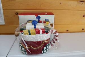 lot 371 image: Ceramic Christmas Village Stocking Teapot with Box