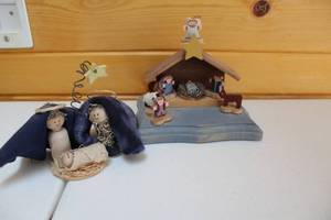 lot 375 image: Handcrafted Wooden Nativity Scene with Figurines
