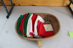 lot 381 image: Set of 8 Colorful Holiday Kitchen Towels in Basket
