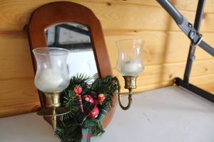 lot 383 image: Vintage Wall Mirror with Brass Candle Holders and Decorative Wreath