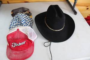 lot 387 image: Lot of 4 Vintage Hats including Black Cowboy Hat and Fisher Caps
