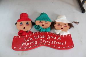 lot 394 image: Vintage Wooden Christmas Decor with 3 Dolls - We Wish You A Merry Christmas