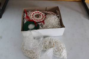 lot 396 image: Assorted Vintage Crafting Supplies including Lace Doilies and Faux Pearls
