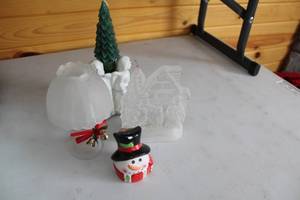 lot 400 image: Holiday Decor Collection - Snowman, Frosted Glass Candle Holder, and Frosted City Scene
