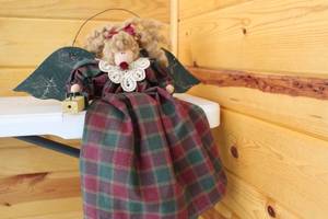 lot 407 image: Vintage Handmade Angel Doll with Plaid Dress and Wooden Gift Box