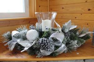 lot 489 image: Elegant Holiday Centerpiece with Silver Accents and Candle Holder