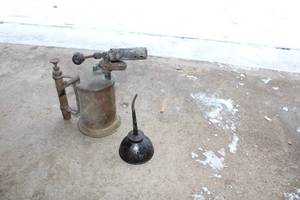 lot 553 image: Vintage Handheld Oil Torch with Burner and Funnel
