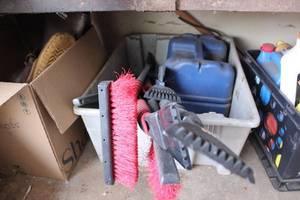 lot 596 image: Mixed Set of Cleaning Tools Including Broom, Scrub Brushes, and Scrapers