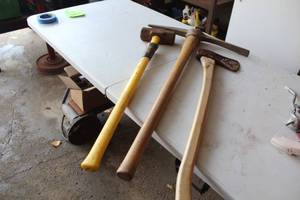 lot 617 image: Set of 3 Assorted Hand Tools Sledge Hammer, Pick Axe, and Hatchet