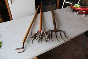 lot 619 image: Set of 3 Vintage Gardening Hand Tools - Cultivator, Rake, and Tiller