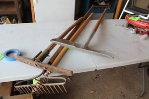 lot 621 image: Assorted Hand Tools including Rake, Hoe, and Shovel