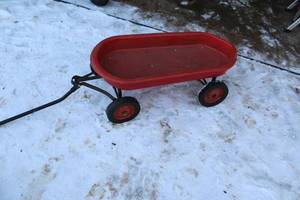 lot 711 image: Vintage Red Plastic Garden Wagon with Metal Frame