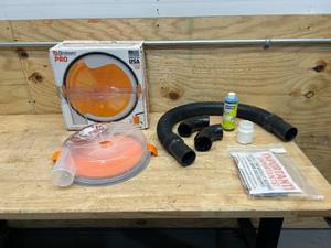 lot 125 image: The Dustopper PRO, Low-Profile Dust Separator for Shop WetDry Vacuums. Includes High-Flow 90 Degree Sweep Elbows and Connection Hose. Fits Standard 5 Gallon Buckets, Made in USA